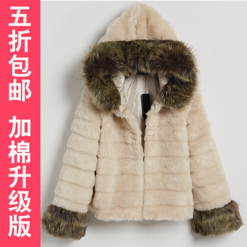 2012 women's raccoon fur with a hood rabbit fur plus cotton fur coat thermal short design overcoat