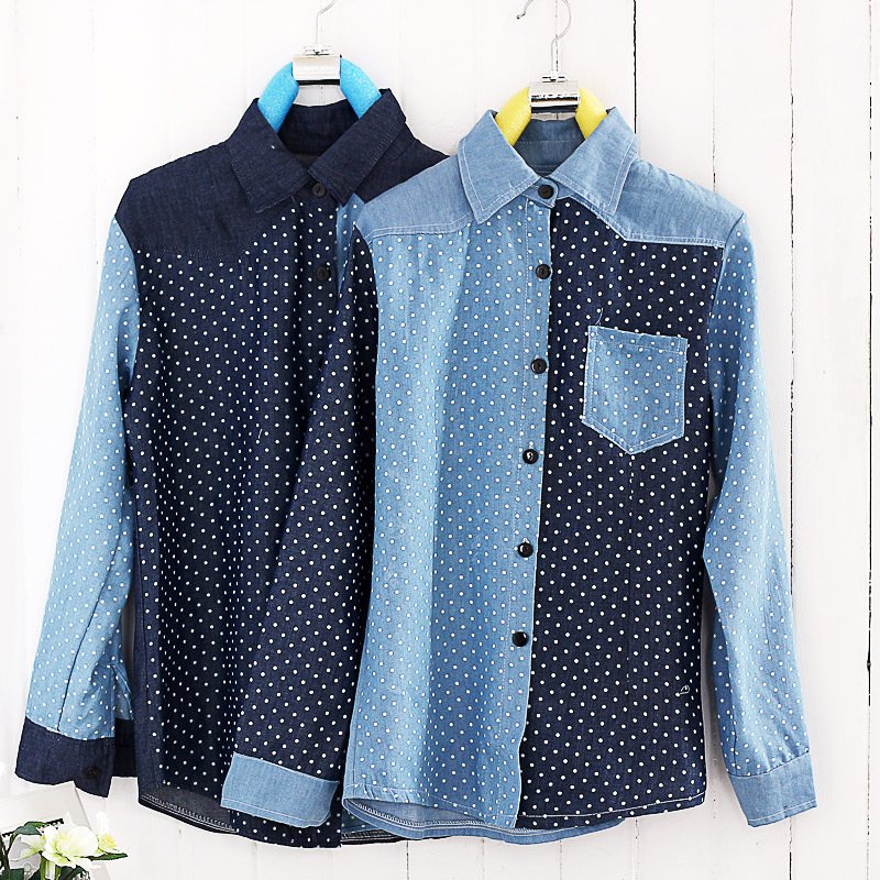 2012 Women's Romantic Fashion Polka Dot Denim Patchwork Long-sleeve Lovers T shirt,Women Blouses,Free Shipping