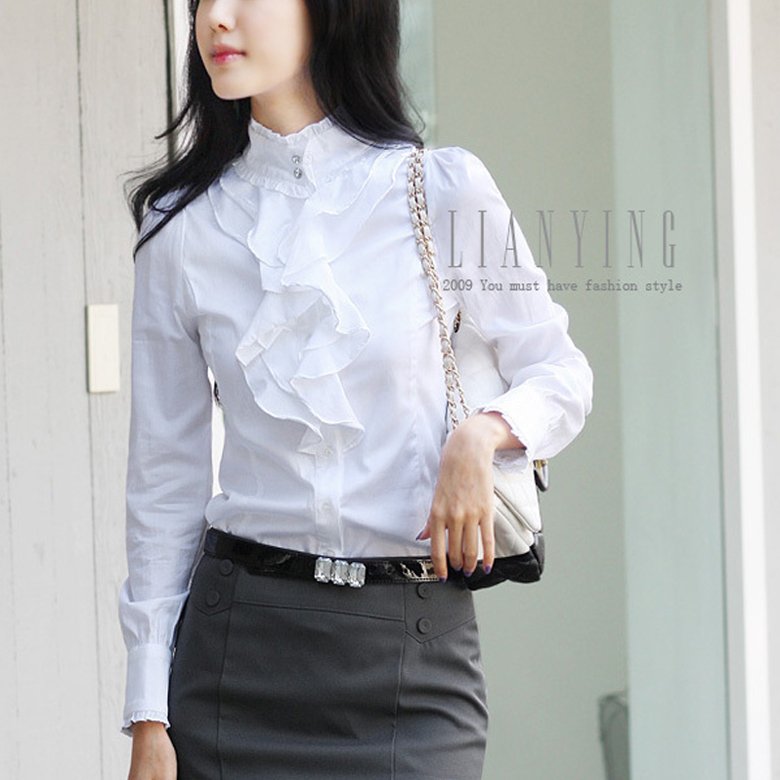 2012 women's ruffle shirt long-sleeve slim OL shirt Size:S-XL Free shiping