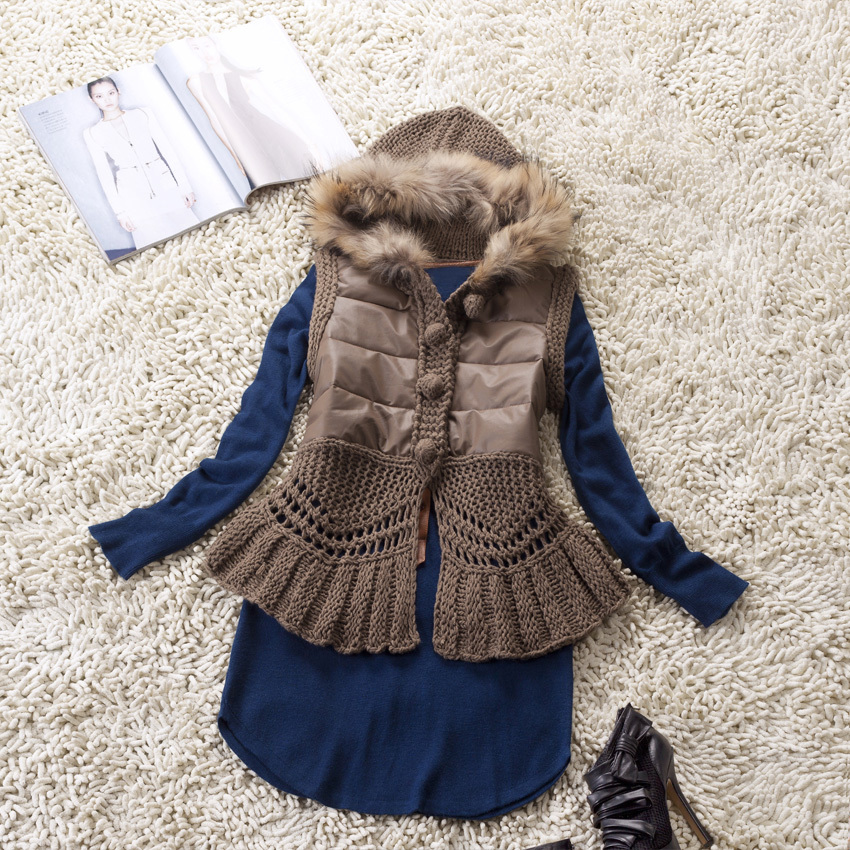 2012 women's sheep with a hood patchwork wool knitted outerwear vest fox fur cotton-padded jacket vest