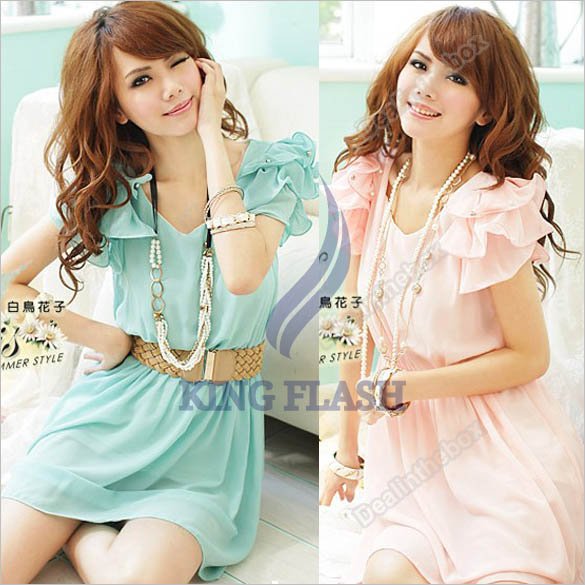 2012 Women's Short Nail bead hubble-bubble sleeve Fashion Clothes Sweet Chiffon Mini Dresses Two Colors free shipping