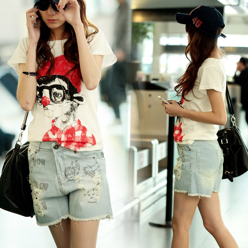 2012 women's shorts spring and summer denim shorts female distrressed wearing white denim shorts x7060