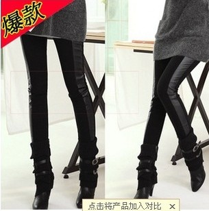 2012 women's sidepiece cotton patchwork faux leather thick ankle length trousers legging 104