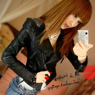 2012 women's slim epaulette turn-down collar short jacket water wash motorcycle leather jacket PU clothing