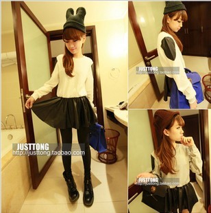 2012 women's slim fashion patchwork leather one-piece dress short skirt 1203