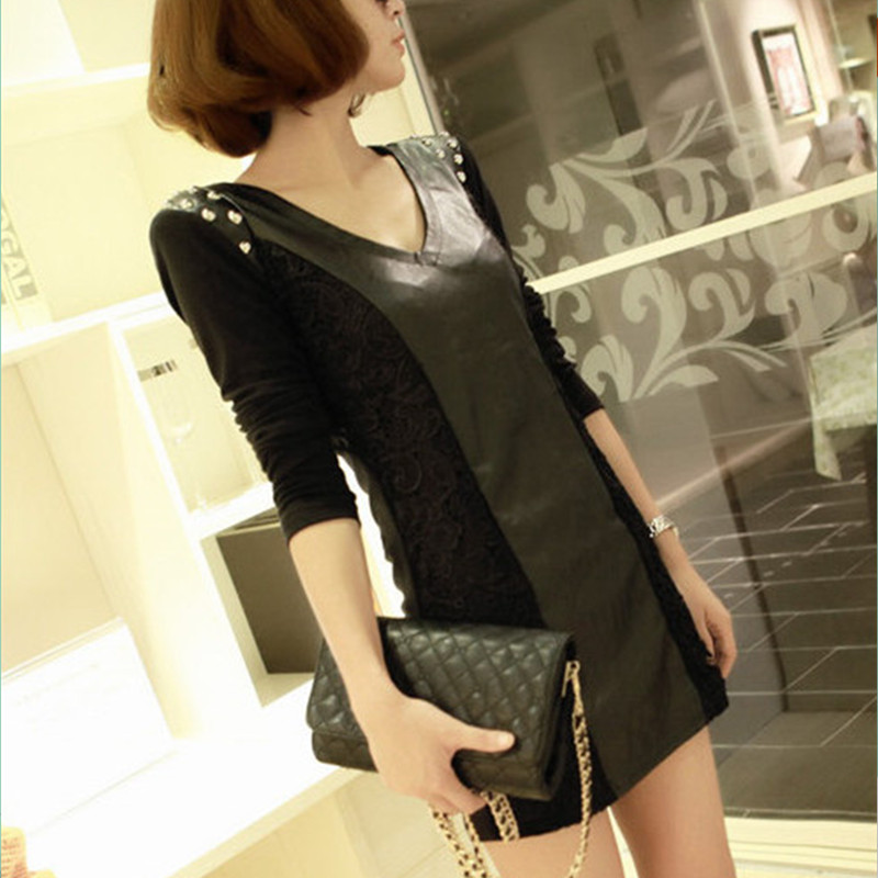 2012 women's slim sexy japanned leather thin basic shirt long-sleeve v-neck dress