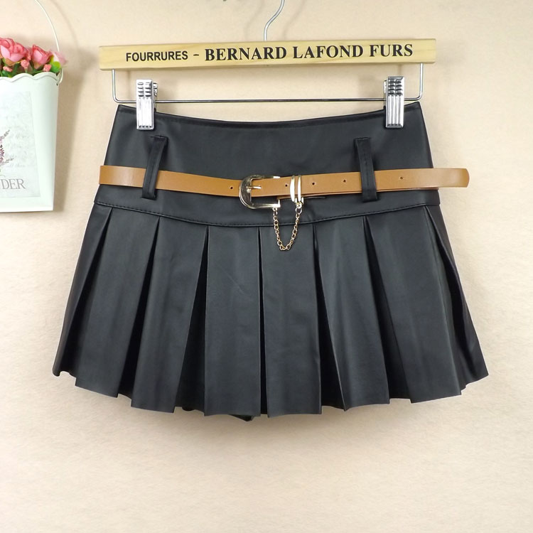 2012 women's slim thread wide belt leather pleated skirt bust skirt leather skirt short skirt