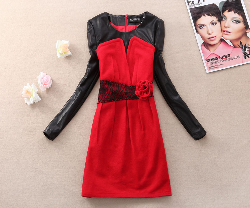 2012 women's slim water washed leather PU patchwork lace flower long-sleeve dress