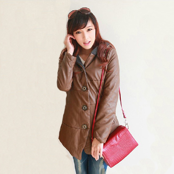 2012 women's slim with a hood irregular thickening leather clothing PU water washed leather female cotton-padded jacket 3065