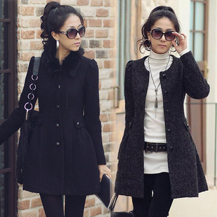 2012 women's slim woolen fur collar overcoat medium-long black trench outerwear
