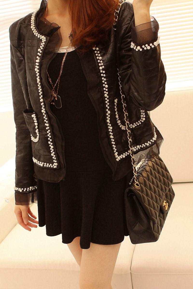 2012 women's small leather quality pearl rhinestone gauze patchwork wadded jacket cotton-padded jacket outerwear female