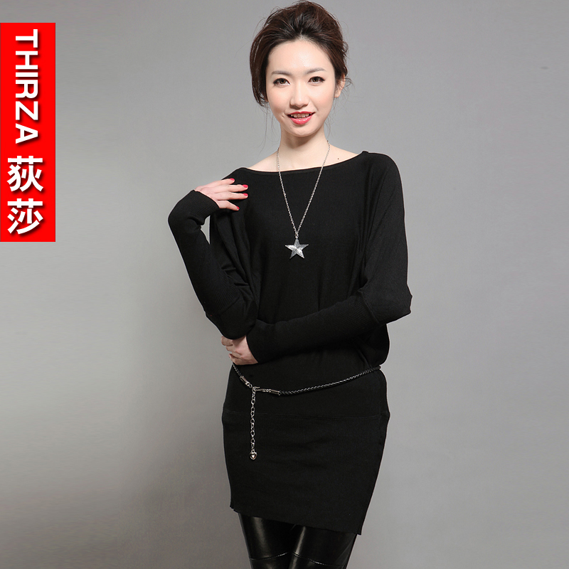 2012 women's spring and autumn batwing sleeve black o-neck long design basic women's sweater shirt