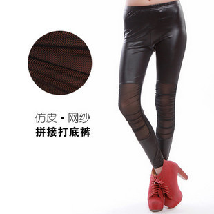 2012 women's spring and autumn slim faux leather knee gauze patchwork legging free shipping
