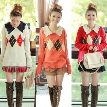 2012 women's spring and autumn wave rhombus pattern straight version of the long-sleeve sweater 4