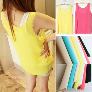 2012 women's spring and summer all-match solid color petal wave edge spaghetti strap top chiffon vest plus size basic shirt
