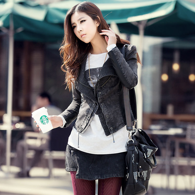 2012 women's street slim leather clothing patchwork denim women's coat 5607 free shipping