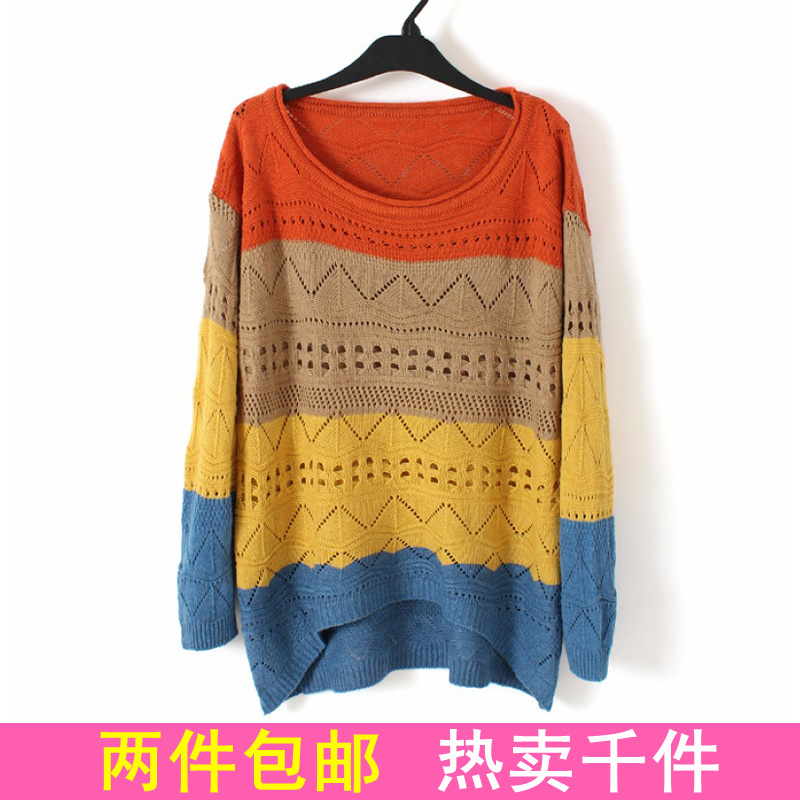 2012 women's stripe cutout loose sweater pullover shirt plus size sweater female
