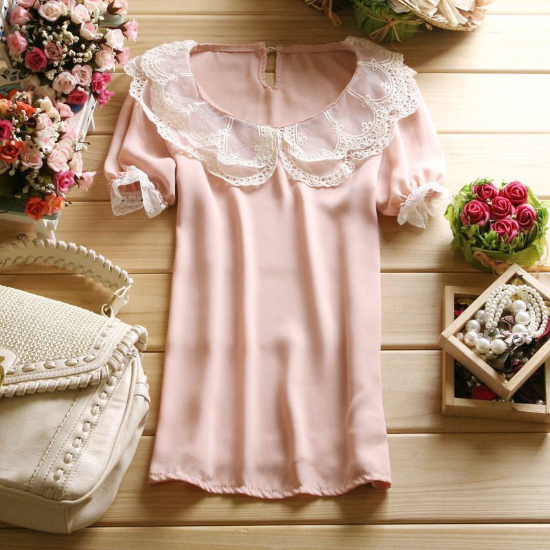 2012 women's summer peter pan collar lace patchwork chiffon shirt candy color short-sleeve top shirt fashion shirt