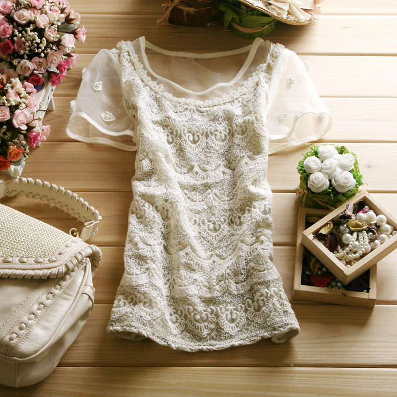 2012 women's summer short-sleeve chiffon shirt lace shirt top slim lace embroidered t-shirt