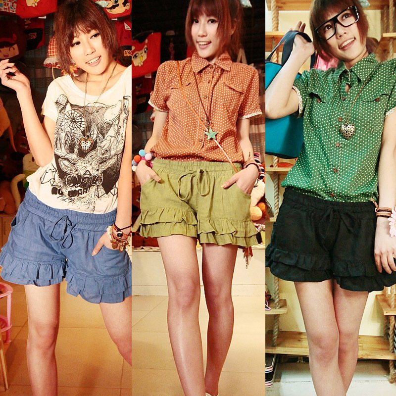 2012 women's summer solid color casual all-match elastic waist ruffle sweep skorts shorts