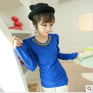 2012 women's sweet puff sleeve basic shirt long-sleeve o-neck diamond solid color sweater female top free shipping