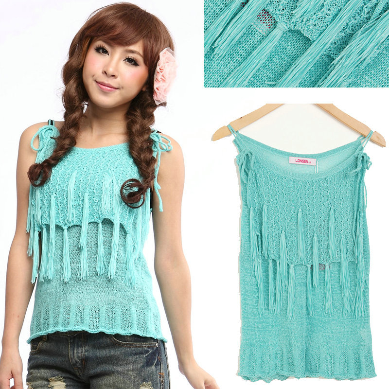 2012 women's tassel slim basic shirt small vest spaghetti strap women's spaghetti strap vest green