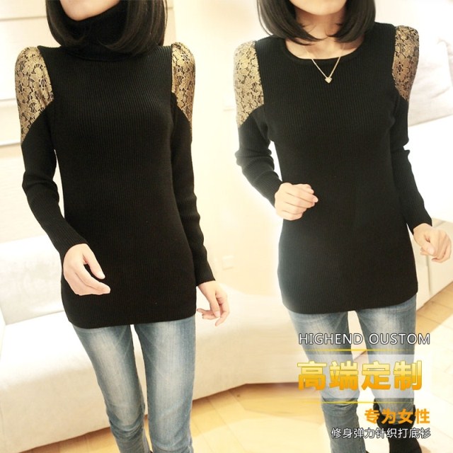 2012 women's turtleneck lace sleeve slim basic shirt medium-long sweater (WC005)