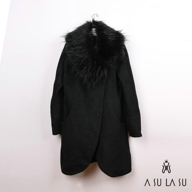 2012 women's ultra long woolen trench outerwear artificial high quality black fox fur collar overcoat