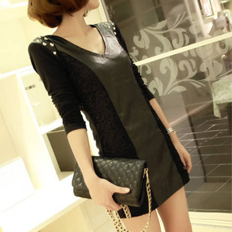 2012 women's V-neck rivet lace patchwork leather long-sleeve slim one-piece dress z770