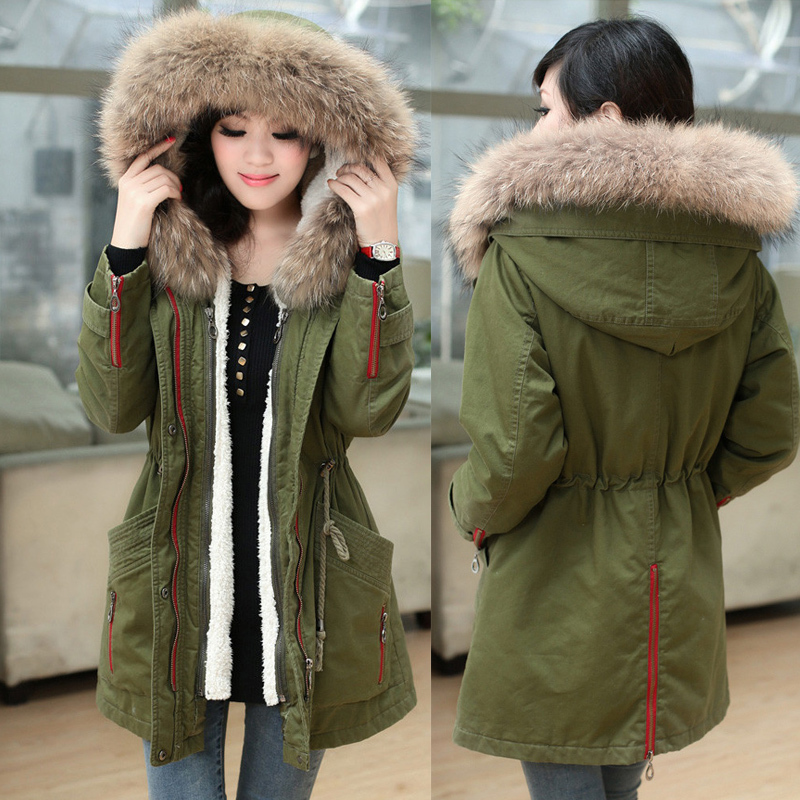 2012 women's wadded jacket female slim raccoon large fur collar Army Green cotton-padded jacket medium-long wadded jacket