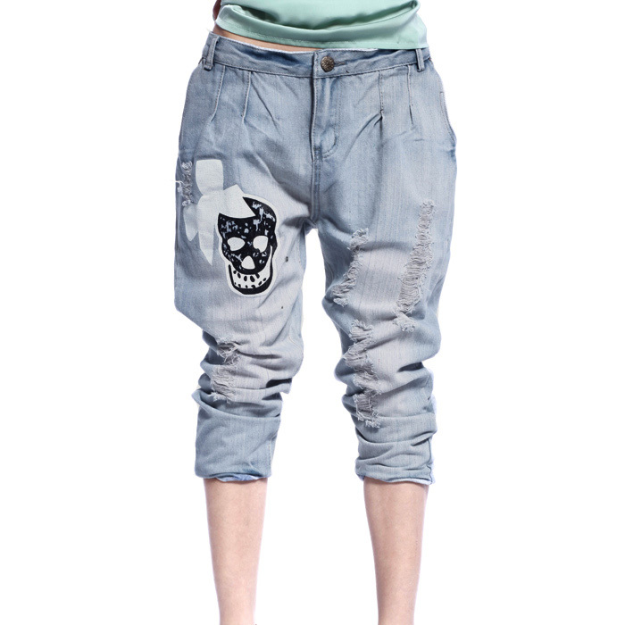 2012 women's water wash wearing white skull pattern small cross pants 9828 p55