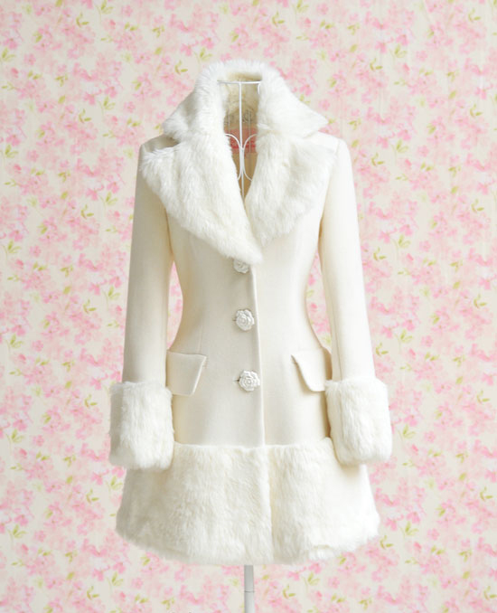 2012 women's white fur collar overcoat quality trench woolen outerwear Free Shipping