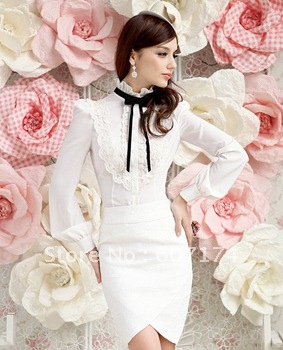 2012 women's white lace decoration bow stand collar long-sleeve shirt OL shirt Top sell!!!