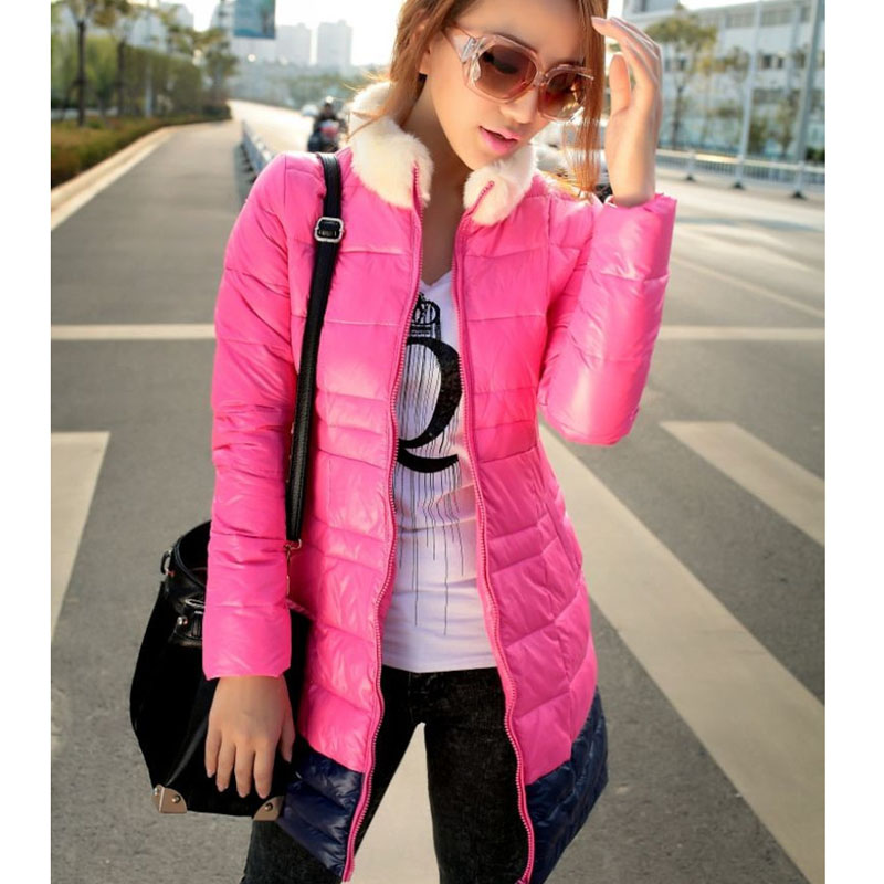 2012 women's winter female medium-long fur collar down coat long-sleeve slim patchwork color block