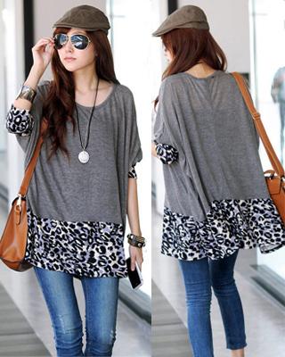 2012 women's winter loose plus size batwing sleeve leopard print o-neck pullover sweater top
