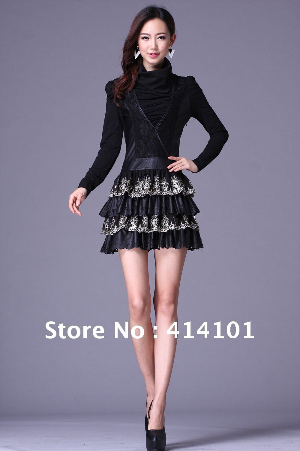 2012 women's winter new PU leather lace hollow out the dress
