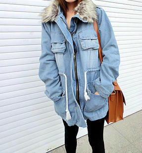 2012 Women's winter slim thickening medium-long fur collar denim wadded jacket outerwear cotton-padded jacket female