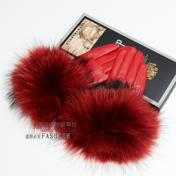 2012 women's wire genuine leather gloves women's leather gloves raccoon fur wool thermal sheepskin gloves multicolor