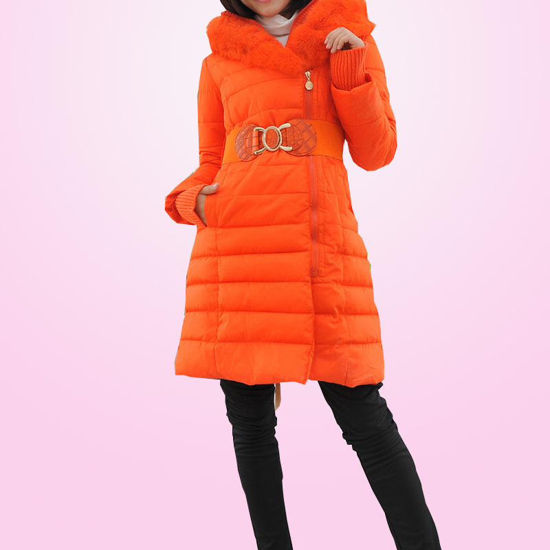 2012 women's with a hood plaid design long slim down coat wadded jacket with belt