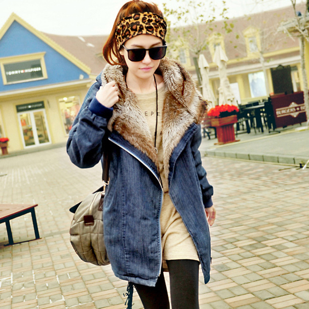 2012 women's wool liner thickening medium-long denim wadded jacket overcoat outerwear female