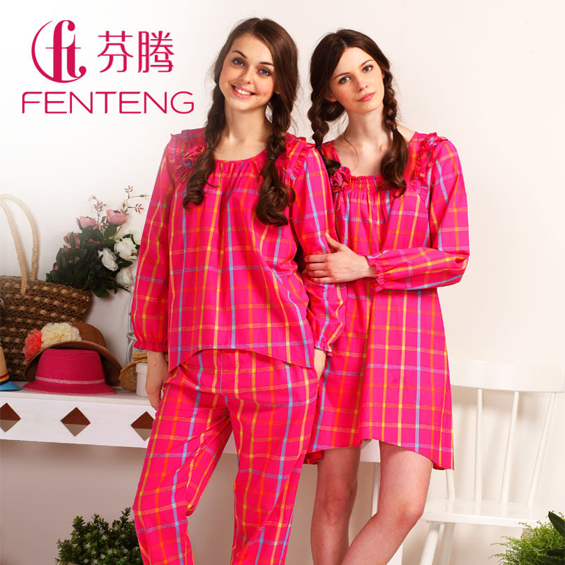 2012 women's woven cotton plaid long-sleeve sleep set derlook m8601
