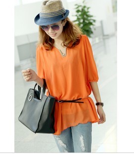 2012 women's xct fashion all-match V-neck loose thin solid color summer chiffon shirt