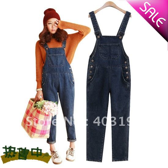 2012 women spring loose dark color denim suspenders trousers jumpsuit suspenders rompers