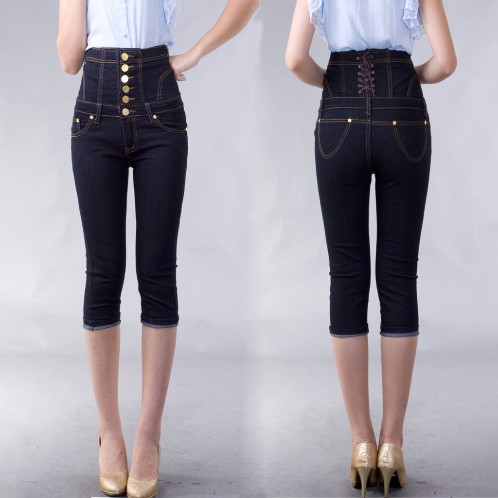 2012 Women summer slim blue/black single button high waist seven jeans lady's shank length trousers MAXI S M L XL XXL XXXL XXXXL