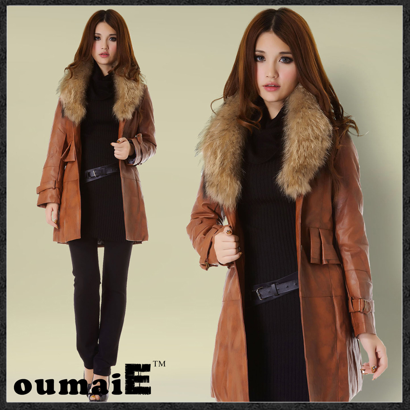 2012 women winter raccoon fur overcoat long design leather coat thick outerwear down jacket trench . free shipping