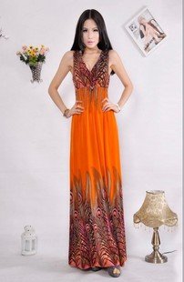 2012 Womens V Neck Peacock Feather Full Length Vest BOHO Beach Dress YYM-6347
