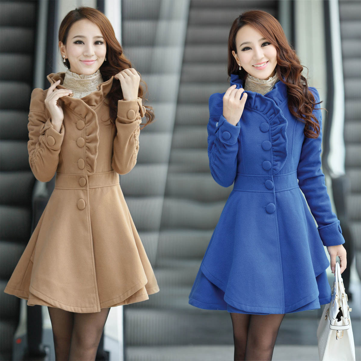 2012 wool coat outerwear female irregular sweep woolen overcoat trench slim blue,khaki,pink,rose-red. free shipping
