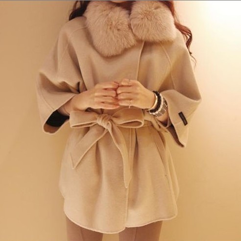 2012 wool overcoat female woolen cloak outerwear fox fur high waist medium-long overcoat trench