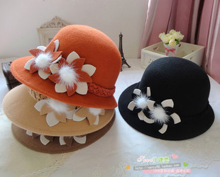 2012 wool woolen autumn and winter flower bucket hats short dome flower decoration hat aesthetic elegant woolen cap