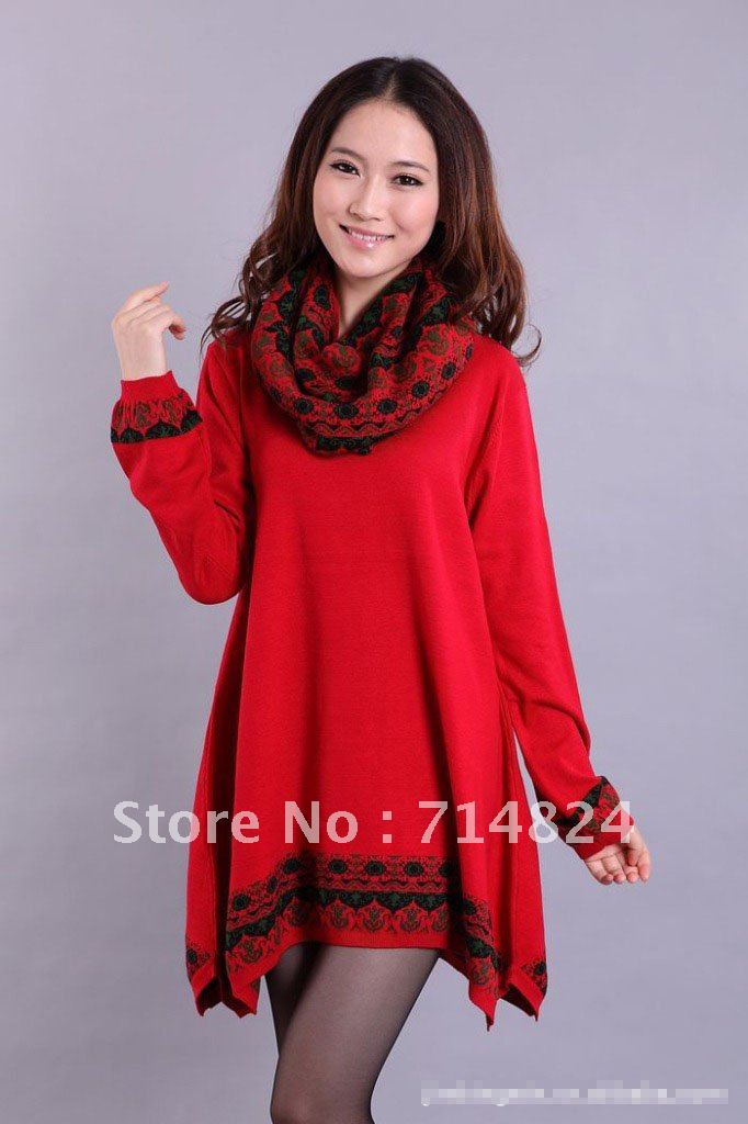 2012 Woolen dresses for women/cashmere plus size loose shirt black printed long vintage sweater/Free shipping/sr13